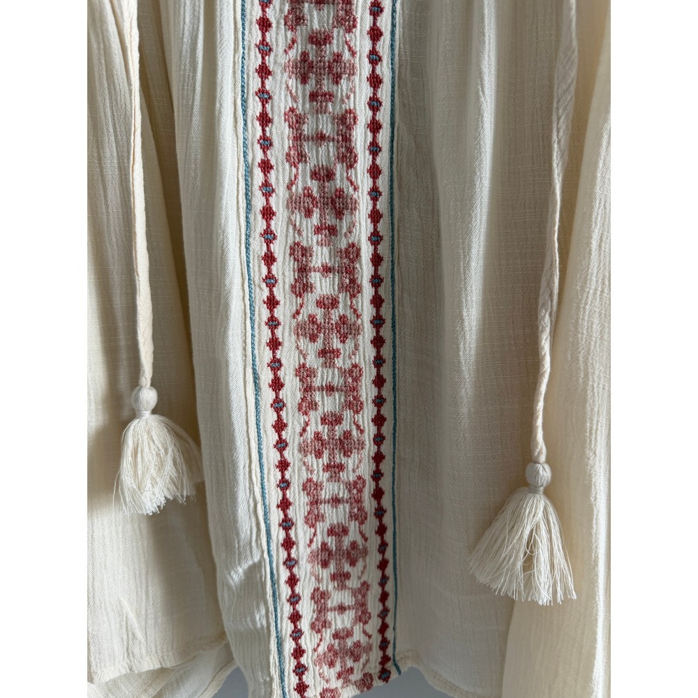 American Eagle Embroidered Large Peasant Blouse Boho Tassel Balloon Sleeve Top - Picture 7 of 12